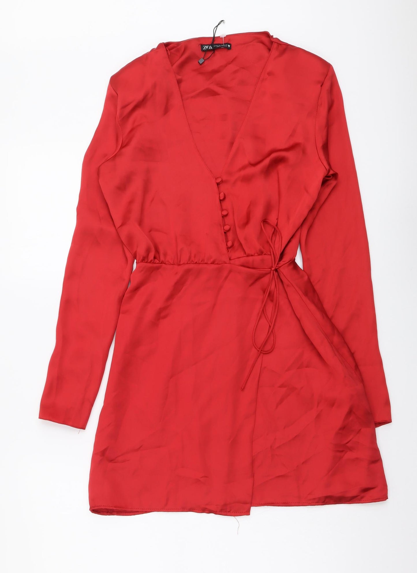 Zara Womens Red Polyester Wrap Dress Size XS V-Neck Tie