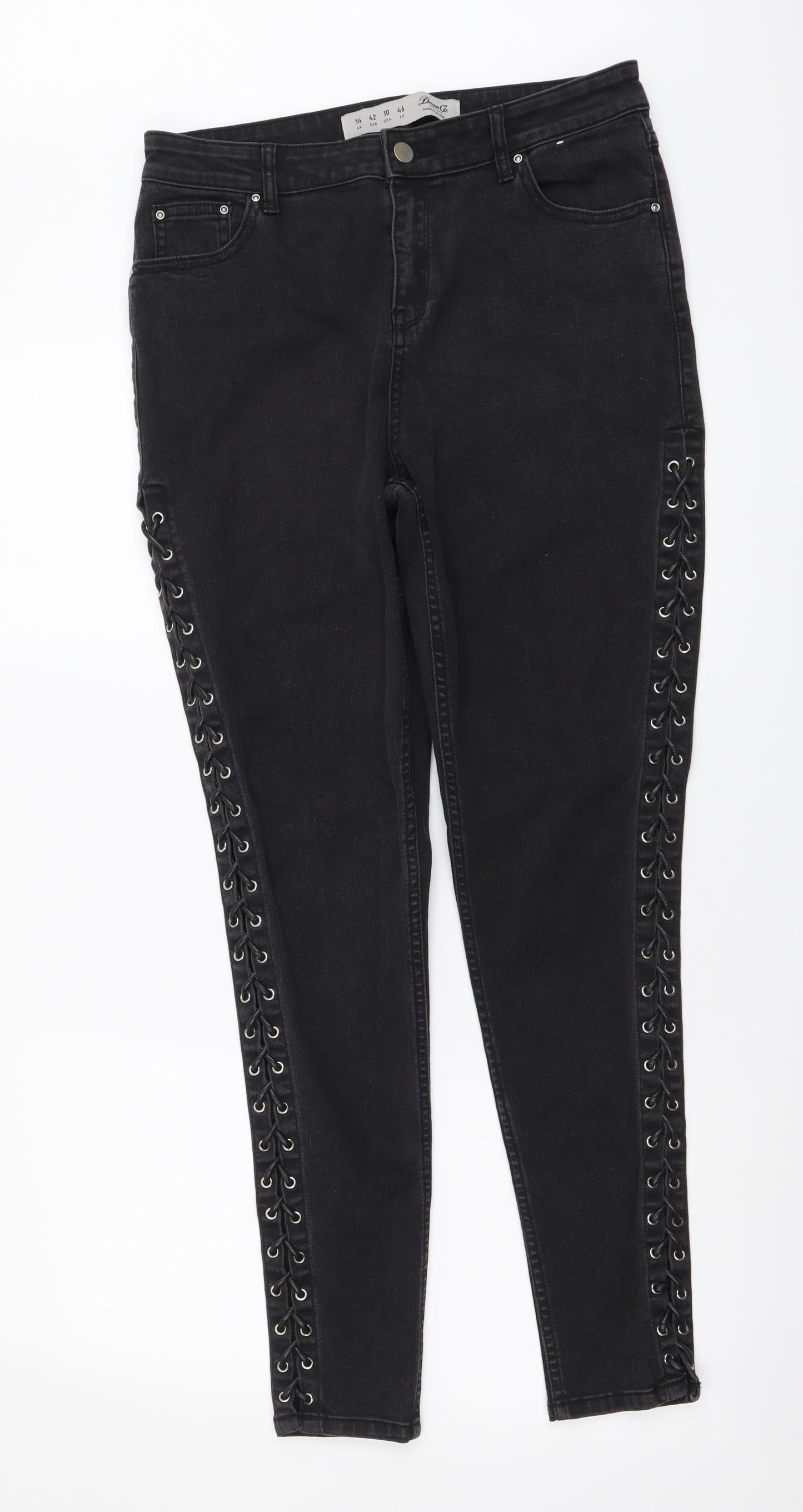Denim & Co. Womens Grey Cotton Skinny Jeans Size 14 L29 in Regular Button - Lace Up Detail