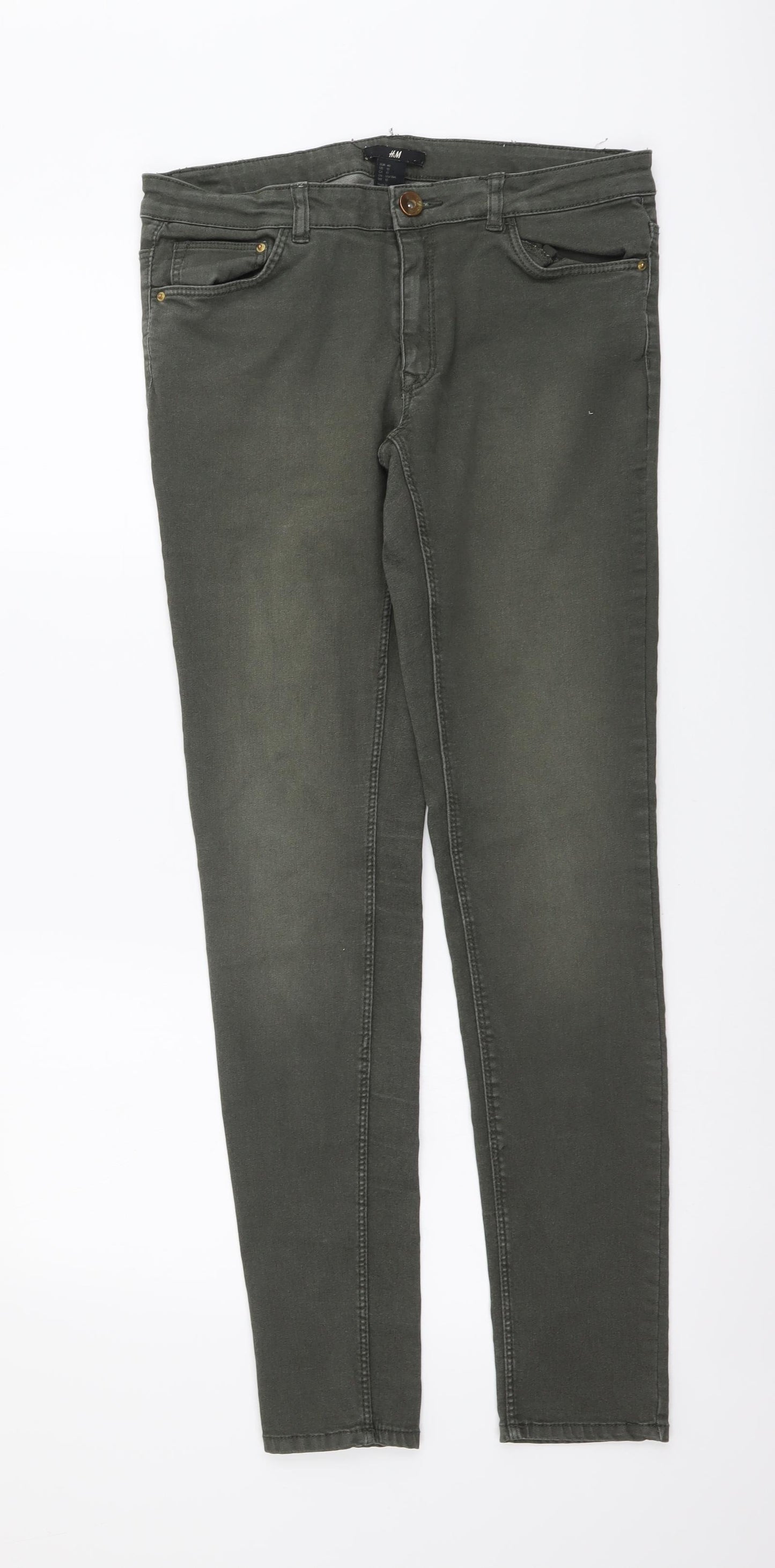 H&M Womens Green Cotton Skinny Jeans Size L L30 in Regular Button