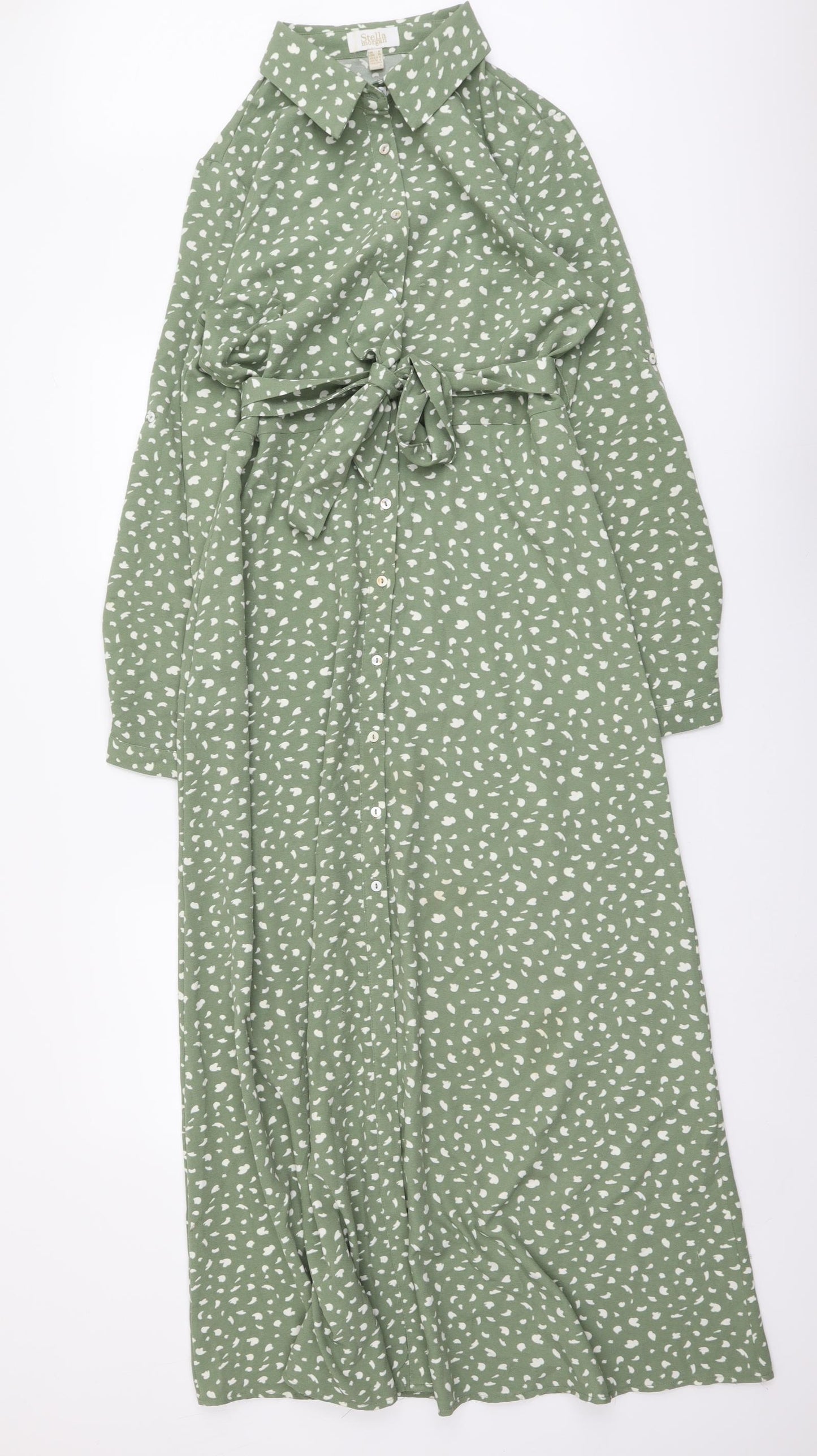 Stella Morgan Womens Green Geometric Polyester Shirt Dress Size 8 Collared Button