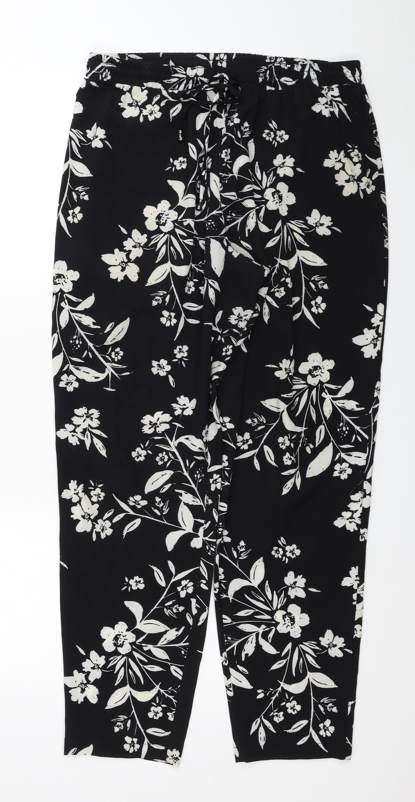 Papaya Womens Black Floral Polyester Capri Trousers Size 14 L28 in Regular Drawstring