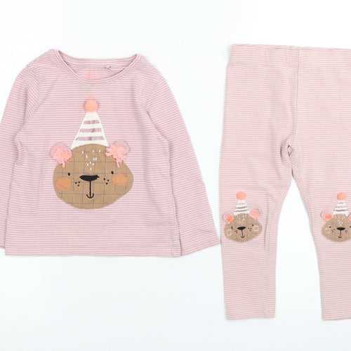 NEXT Girls Pink Striped Cotton Trousers Outfit/Set Size 2-3 Years Pullover - Teddy Bear