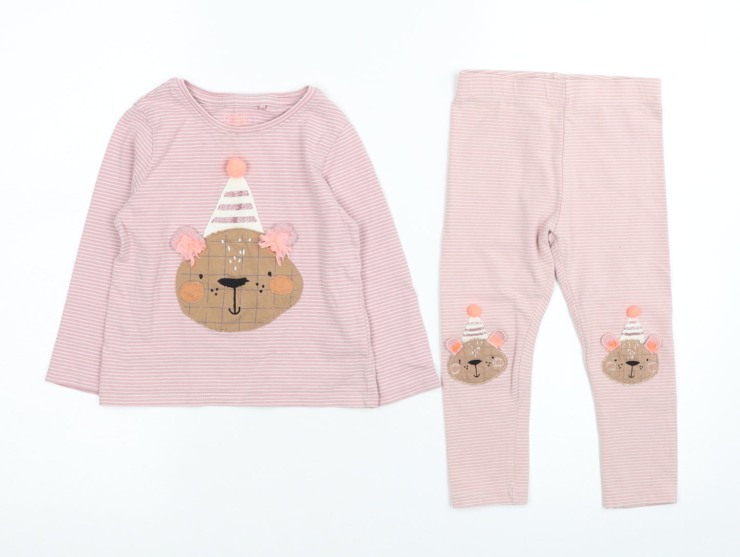 NEXT Girls Pink Striped Cotton Trousers Outfit/Set Size 2-3 Years Pullover - Teddy Bear