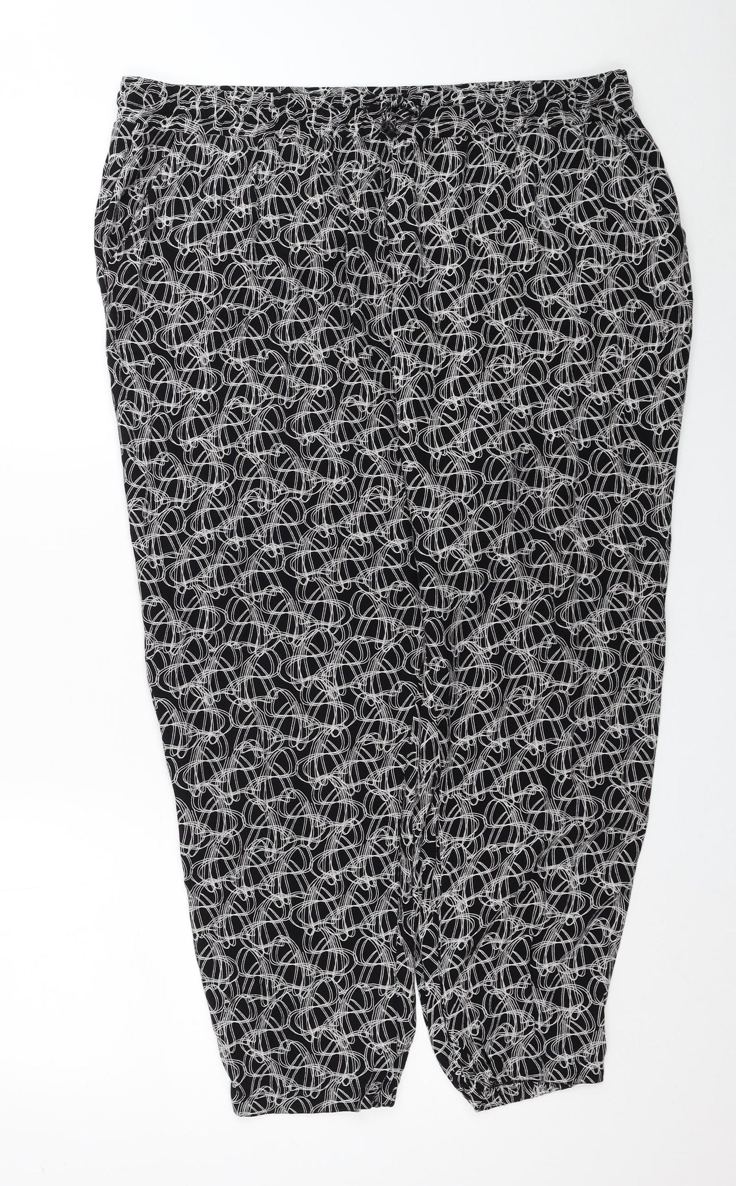 Marks and Spencer Womens Black Geometric Viscose Trousers Size 18 L24 in Regular Drawstring