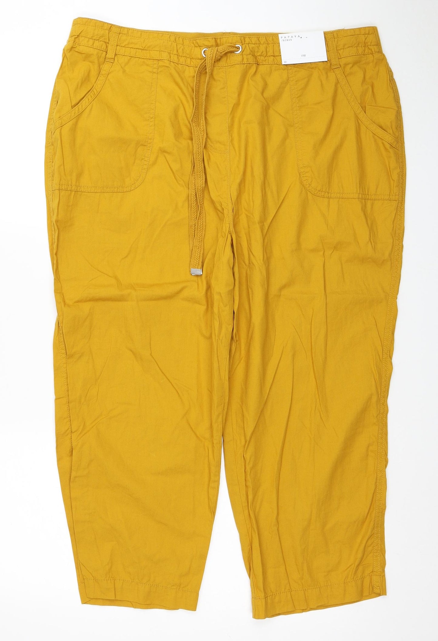 Papaya Womens Yellow Cotton Cropped Trousers Size 18 L21 in Regular Drawstring
