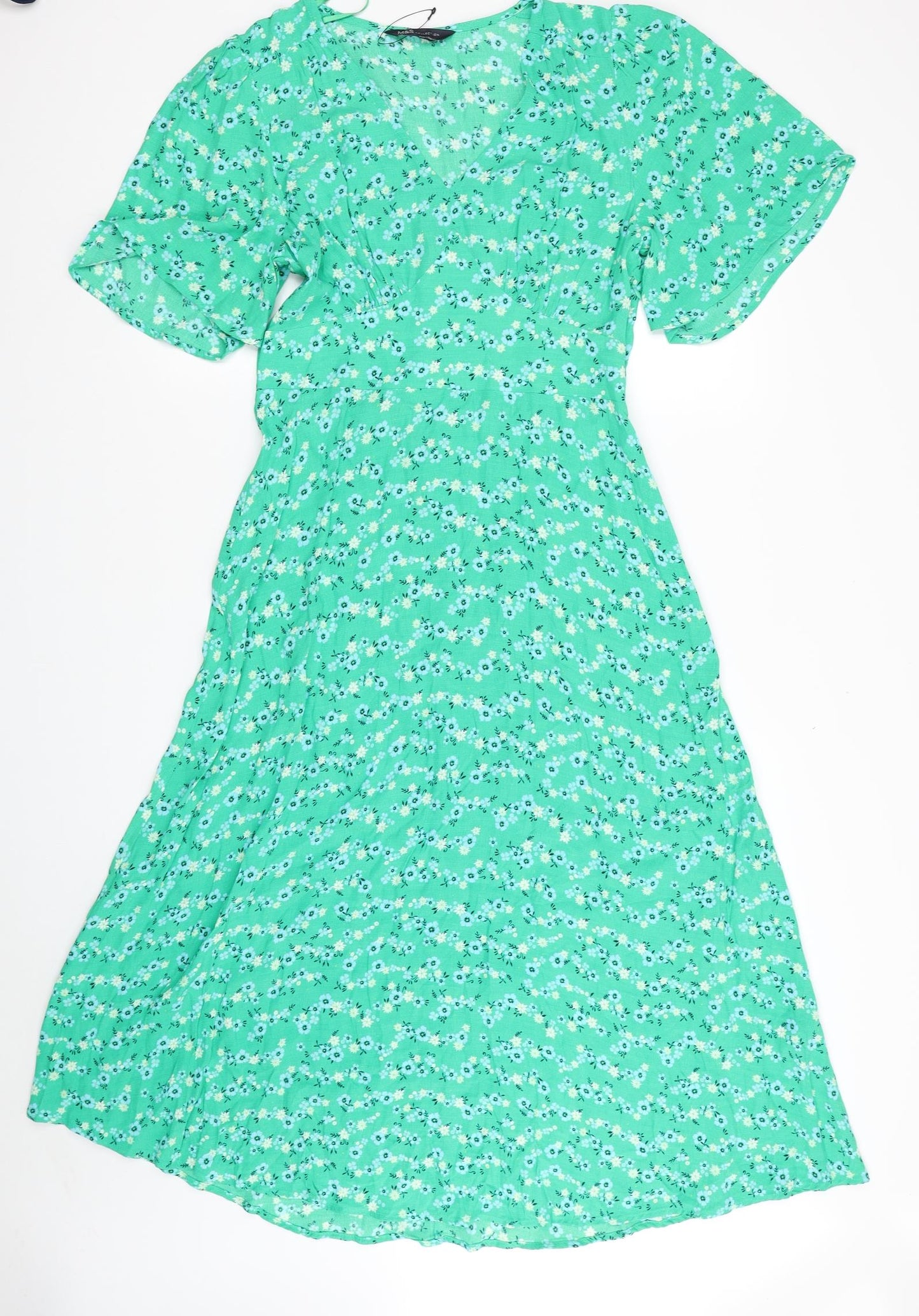 Marks and Spencer Womens Green Floral Viscose A-Line Size 10 V-Neck Zip