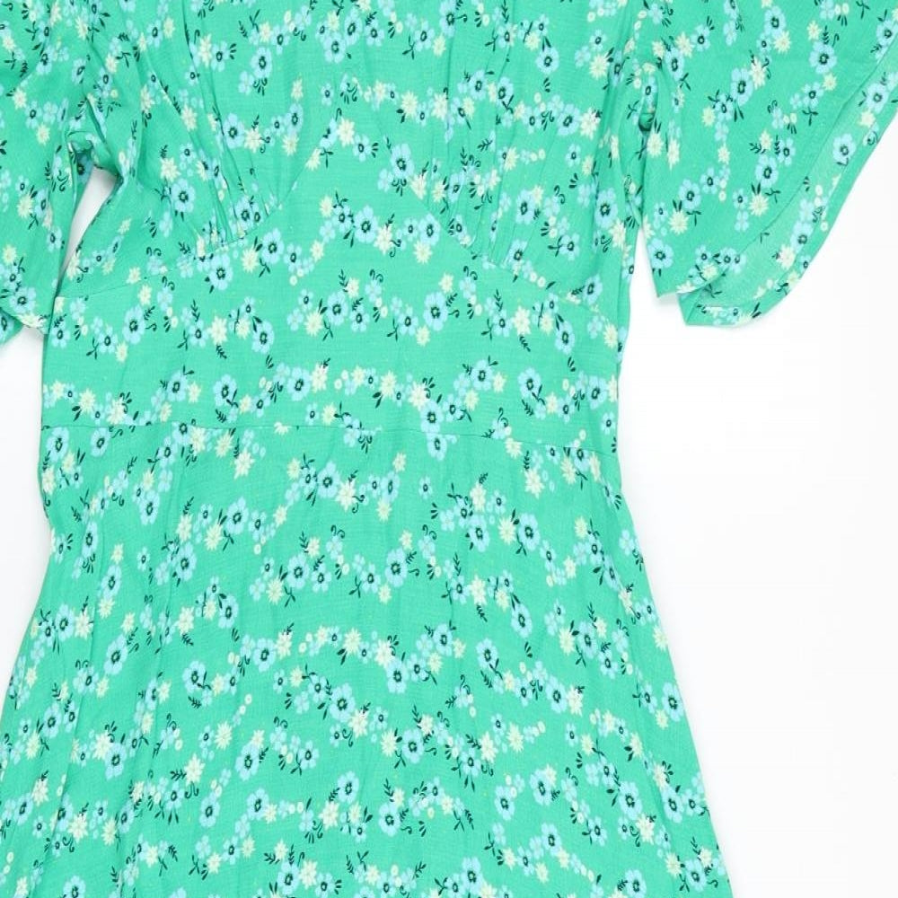 Marks and Spencer Womens Green Floral Viscose A-Line Size 10 V-Neck Zip