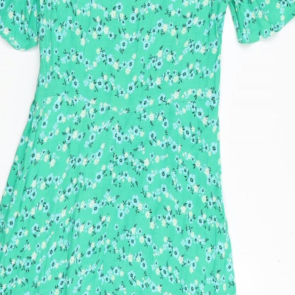 Marks and Spencer Womens Green Floral Viscose A-Line Size 10 V-Neck Zip
