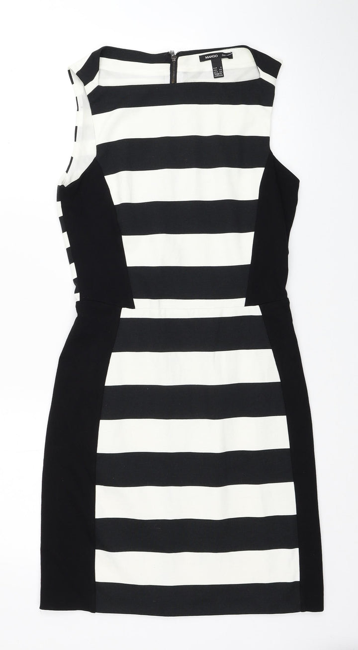 Mango Womens Black Striped Polyester Pencil Dress Size S Square Neck Zip