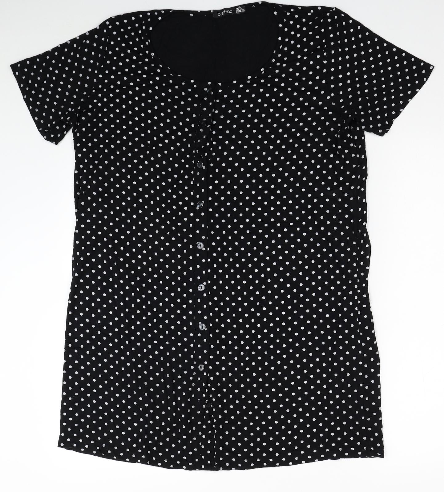 Boohoo Womens Black Polka Dot Viscose Tunic Button-Up Size 14 Scoop Neck