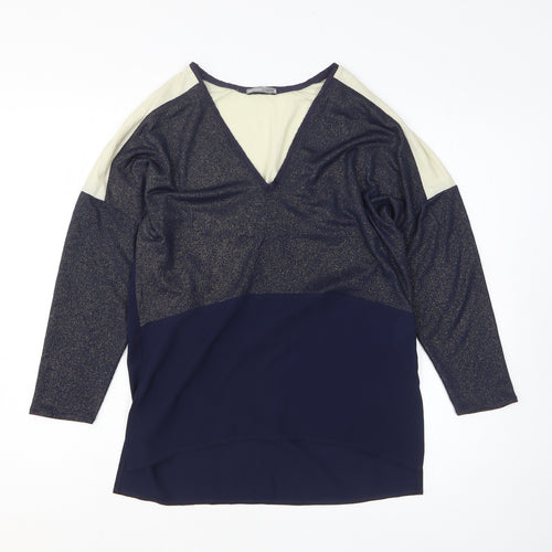 Zara Womens Blue Colourblock Polyester Basic T-Shirt Size S V-Neck