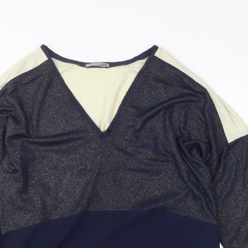 Zara Womens Blue Colourblock Polyester Basic T-Shirt Size S V-Neck