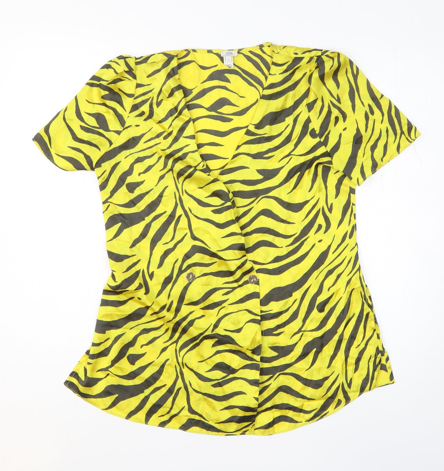 River Island Womens Yellow Animal Print Polyester Basic Button-Up Size 10 V-Neck