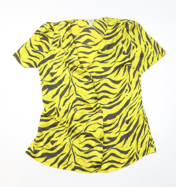 River Island Womens Yellow Animal Print Polyester Basic Button-Up Size 10 V-Neck