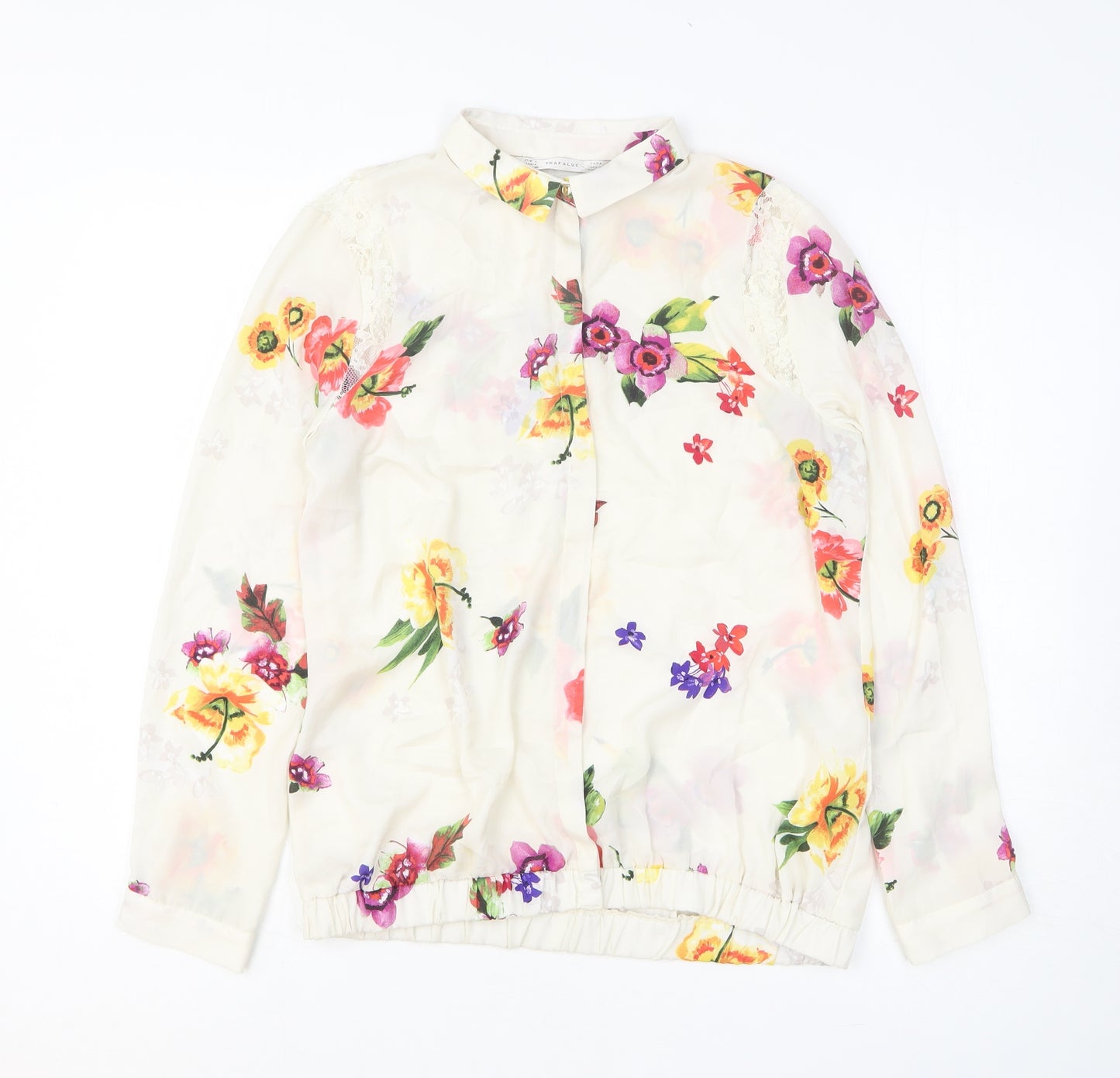 Trafaluc Womens White Floral Polyester Basic Button-Up Size L Collared