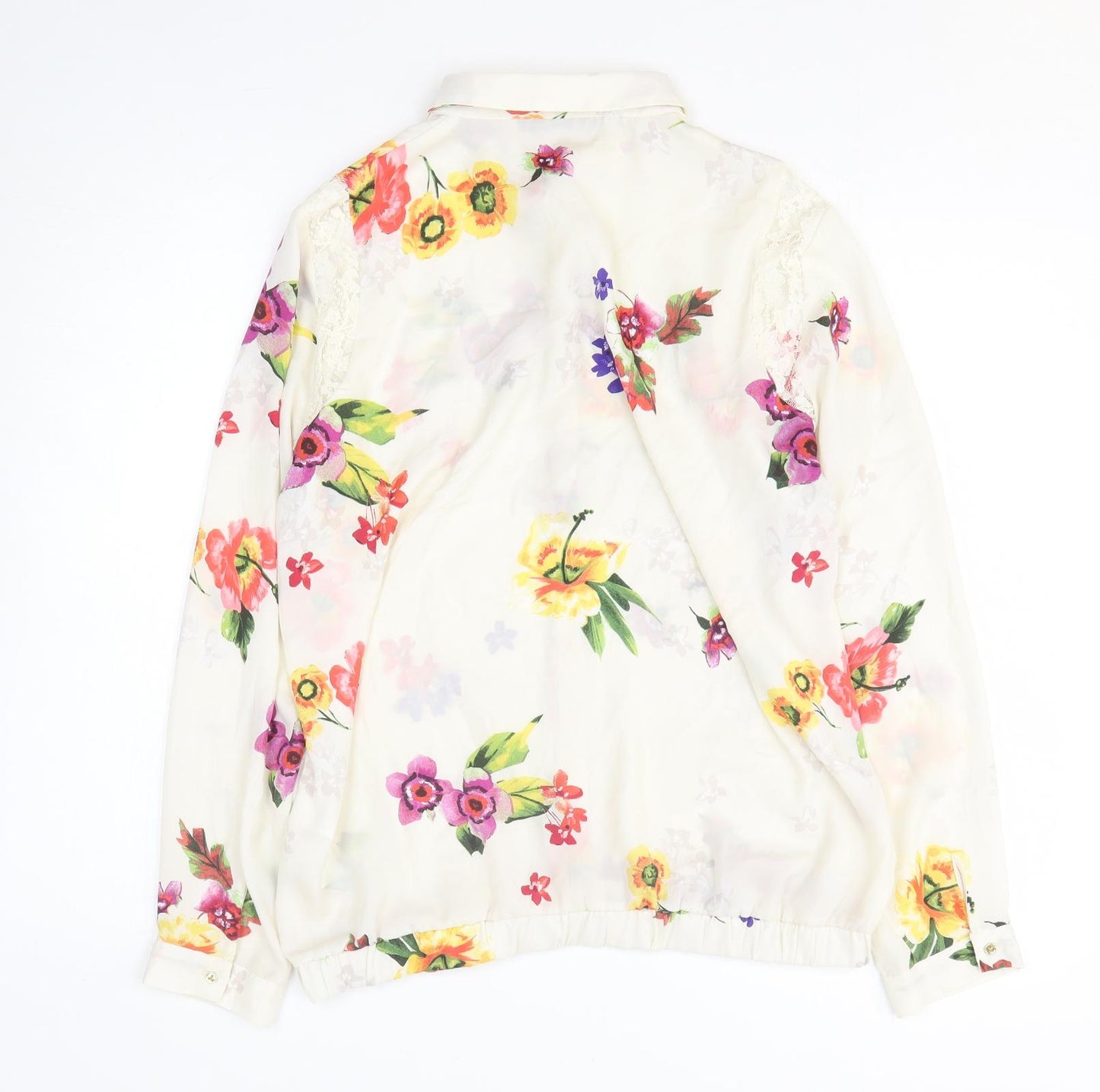 Trafaluc Womens White Floral Polyester Basic Button-Up Size L Collared