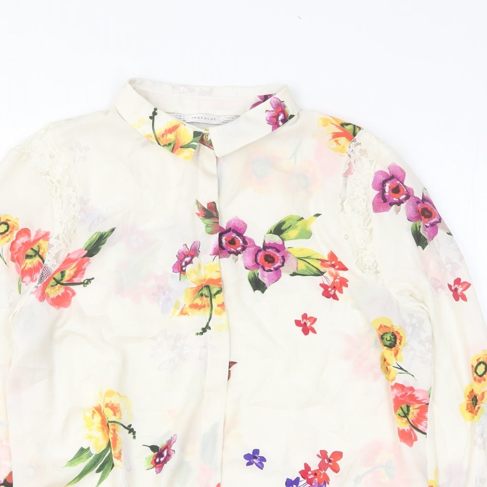 Trafaluc Womens White Floral Polyester Basic Button-Up Size L Collared