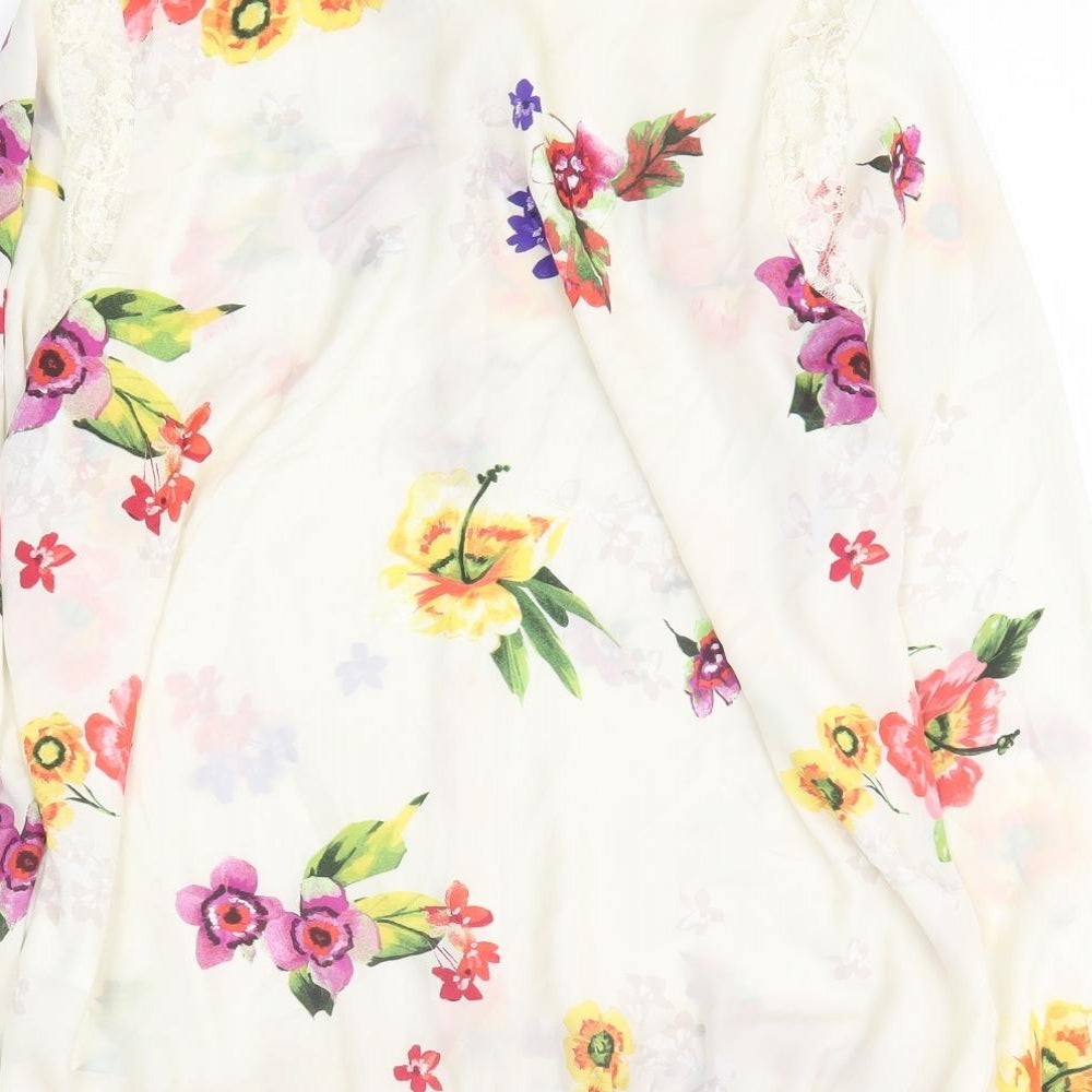 Trafaluc Womens White Floral Polyester Basic Button-Up Size L Collared