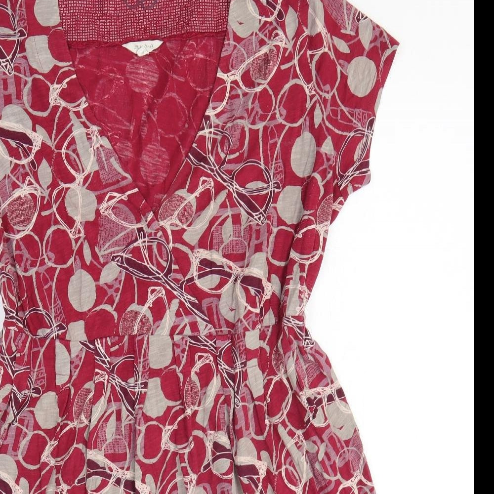 White Stuff Womens Red Geometric 100% Cotton Fit & Flare Size 16 V-Neck Pullover