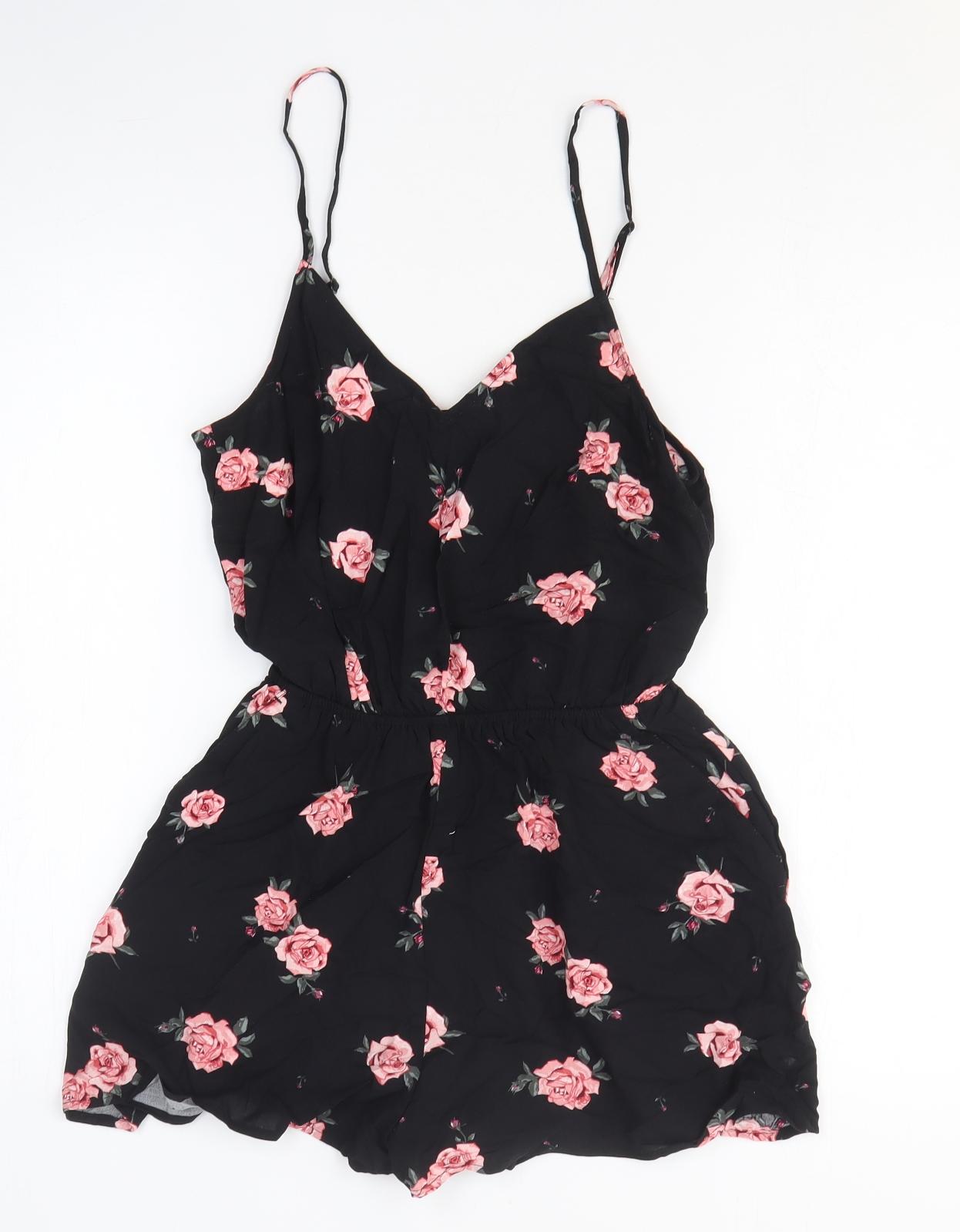 H&M Womens Black Floral Viscose Playsuit One-Piece Size 8 Pullover