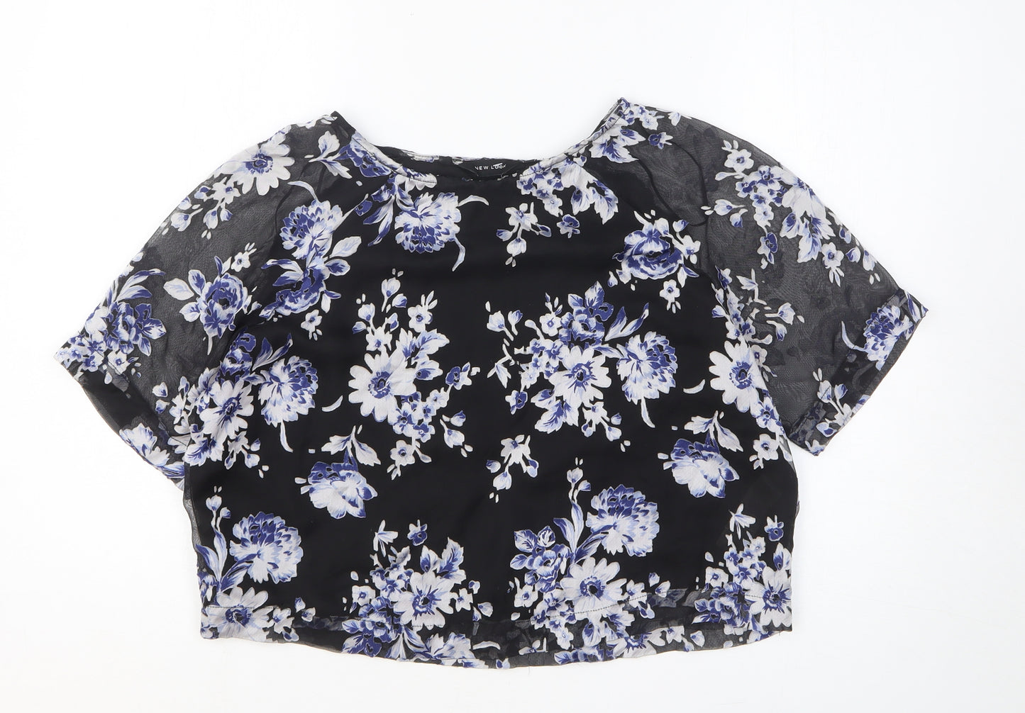New Look Womens Black Floral Polyester Basic T-Shirt Size 10 Round Neck - Sheer Sleeve Detail