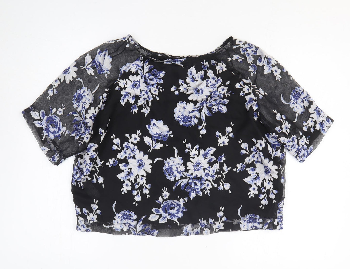 New Look Womens Black Floral Polyester Basic T-Shirt Size 10 Round Neck - Sheer Sleeve Detail