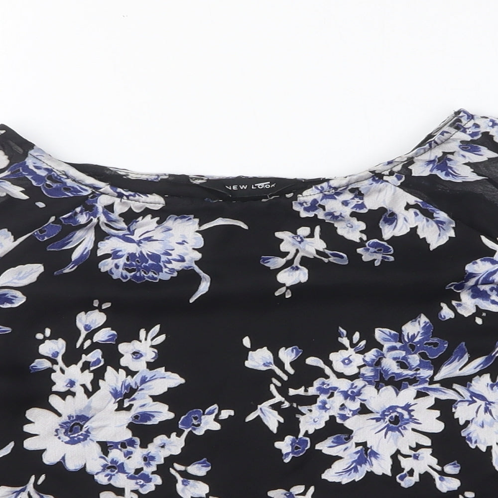 New Look Womens Black Floral Polyester Basic T-Shirt Size 10 Round Neck - Sheer Sleeve Detail