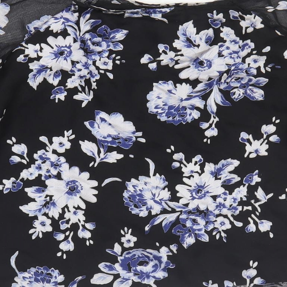 New Look Womens Black Floral Polyester Basic T-Shirt Size 10 Round Neck - Sheer Sleeve Detail