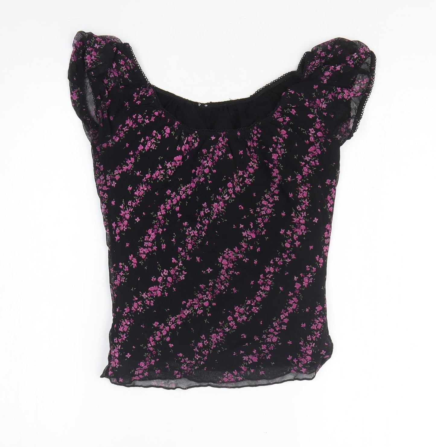 New Look Womens Black Floral Nylon Basic T-Shirt Size 10 Round Neck