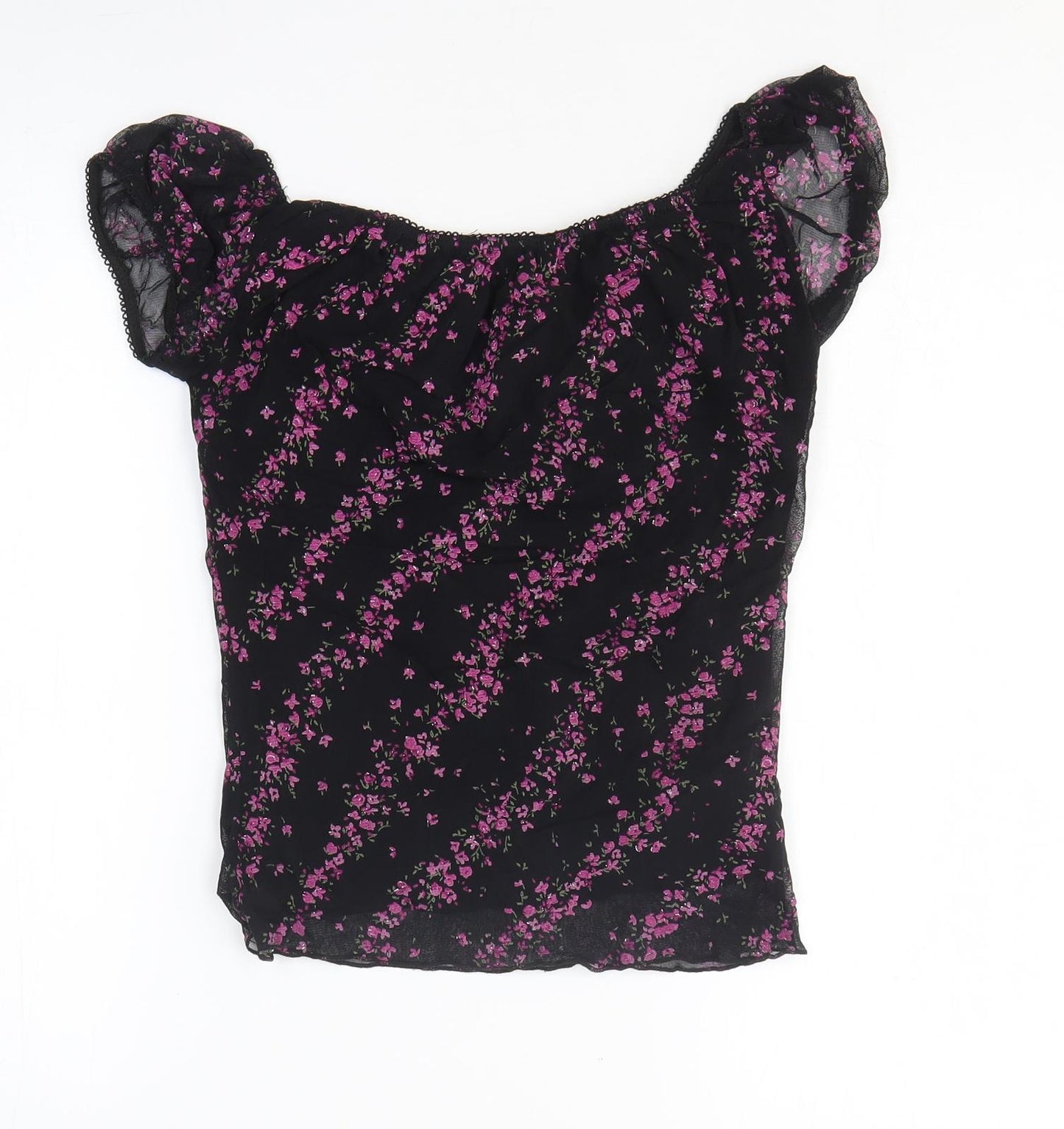 New Look Womens Black Floral Nylon Basic T-Shirt Size 10 Round Neck