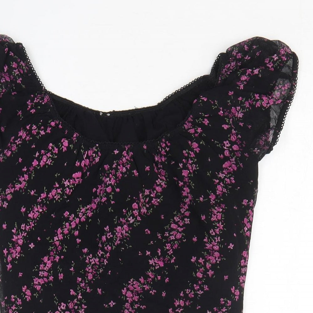 New Look Womens Black Floral Nylon Basic T-Shirt Size 10 Round Neck