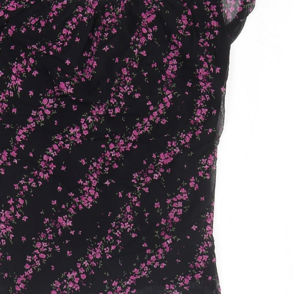 New Look Womens Black Floral Nylon Basic T-Shirt Size 10 Round Neck