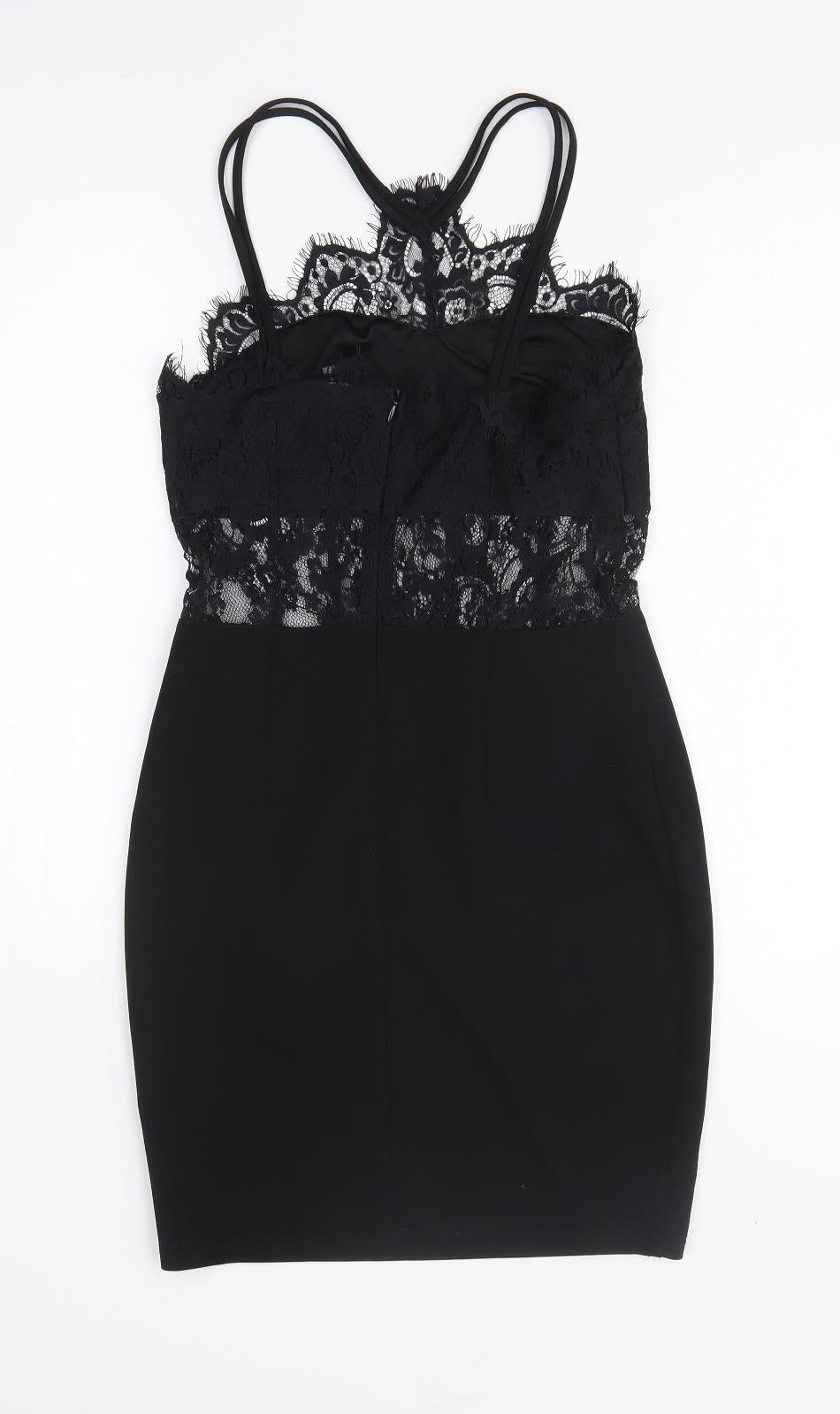 Boohoo Womens Black Polyester Fit & Flare Size 10 Halter Zip - Lace Detail