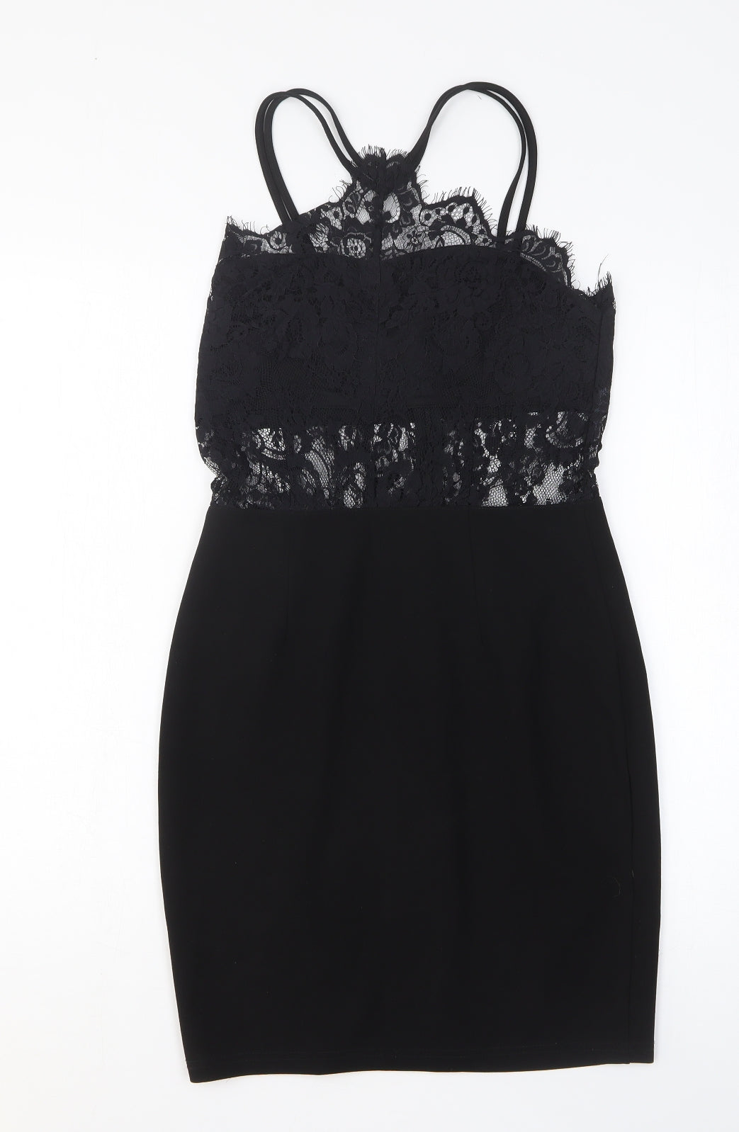 Boohoo Womens Black Polyester Fit & Flare Size 10 Halter Zip - Lace Detail