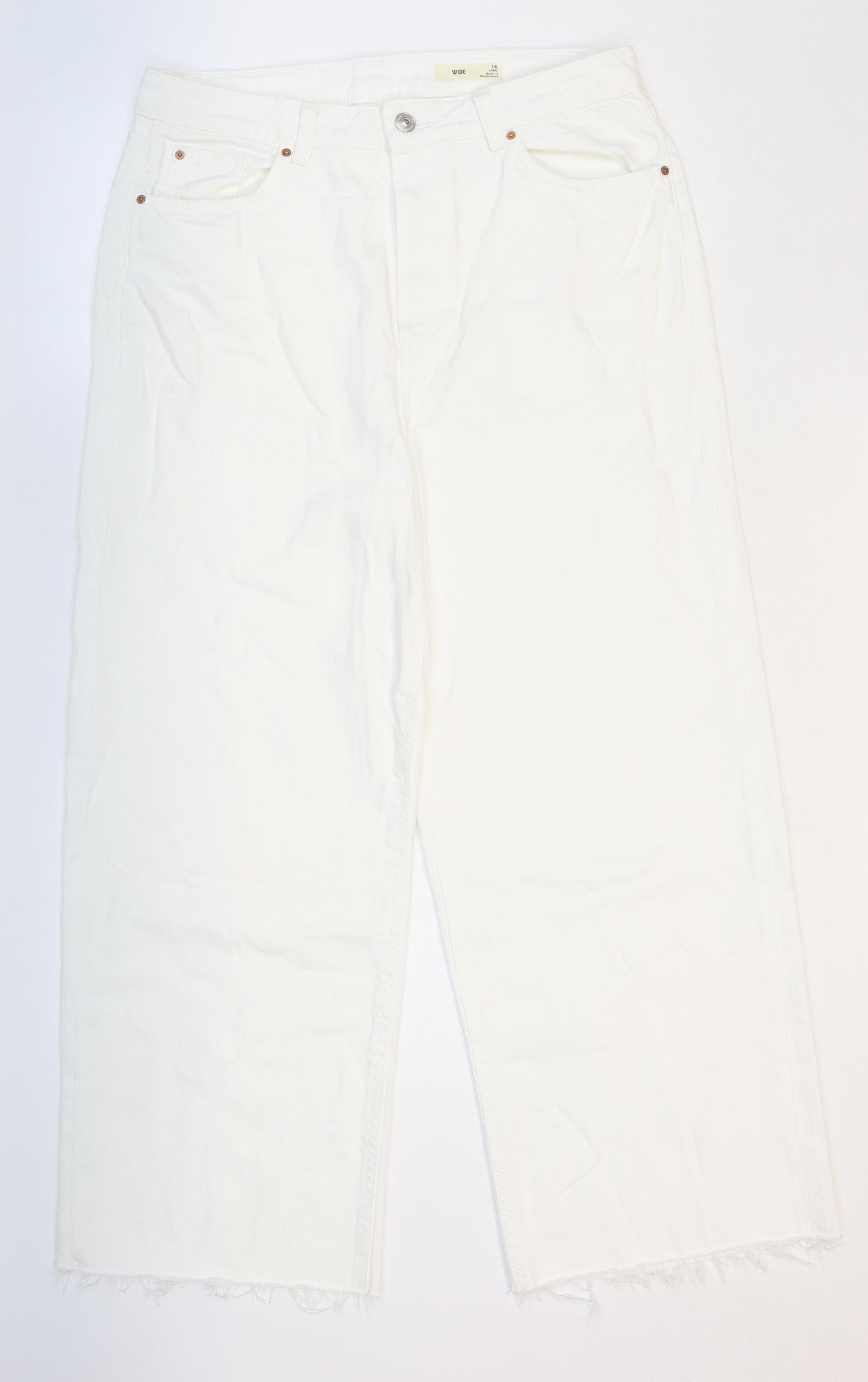 Marks and Spencer Womens White Cotton Wide-Leg Jeans Size 16 L26 in Regular Zip
