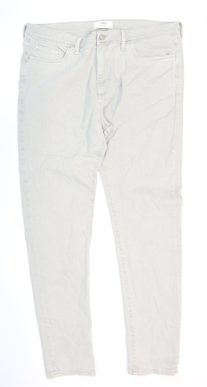 Marks and Spencer Mens Grey Cotton Skinny Jeans Size 40 in L33 in Regular Zip