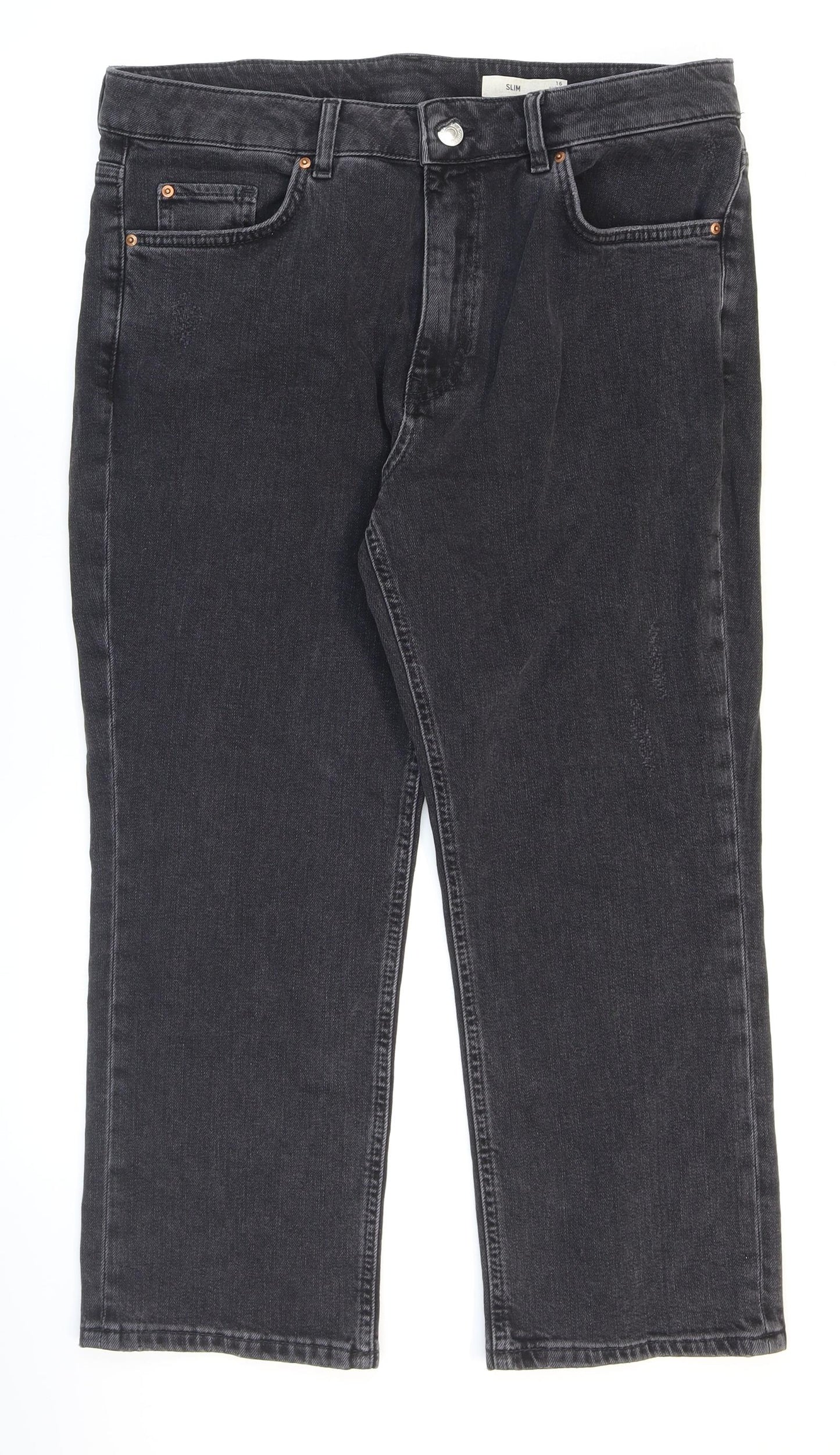 Marks and Spencer Womens Black Cotton Straight Jeans Size 16 L23 in Regular Zip