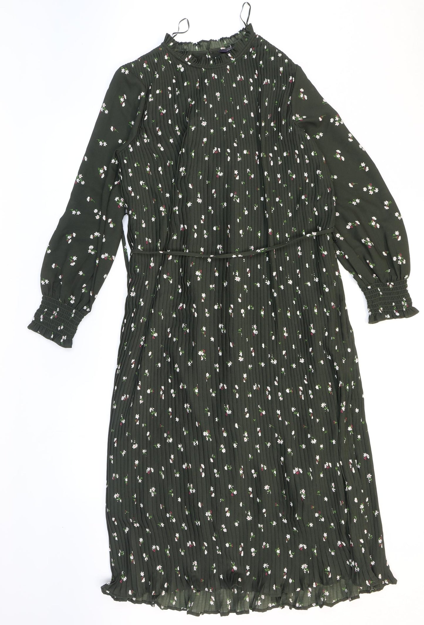 Marks and Spencer Womens Green Floral Polyester A-Line Size 12 Round Neck Tie - Pleated