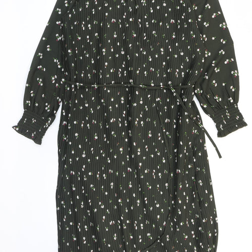 Marks and Spencer Womens Green Floral Polyester A-Line Size 12 Round Neck Tie - Pleated
