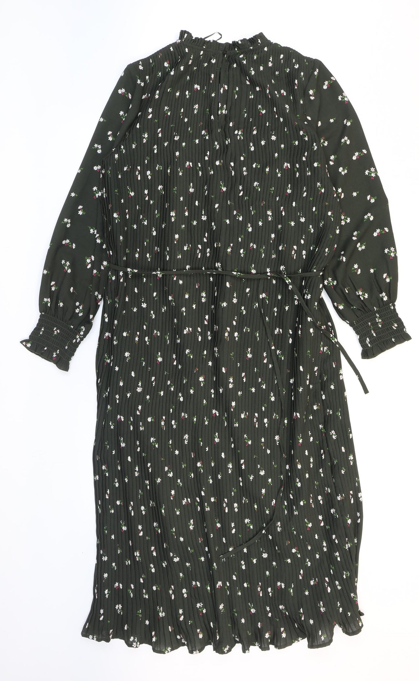 Marks and Spencer Womens Green Floral Polyester A-Line Size 12 Round Neck Tie - Pleated
