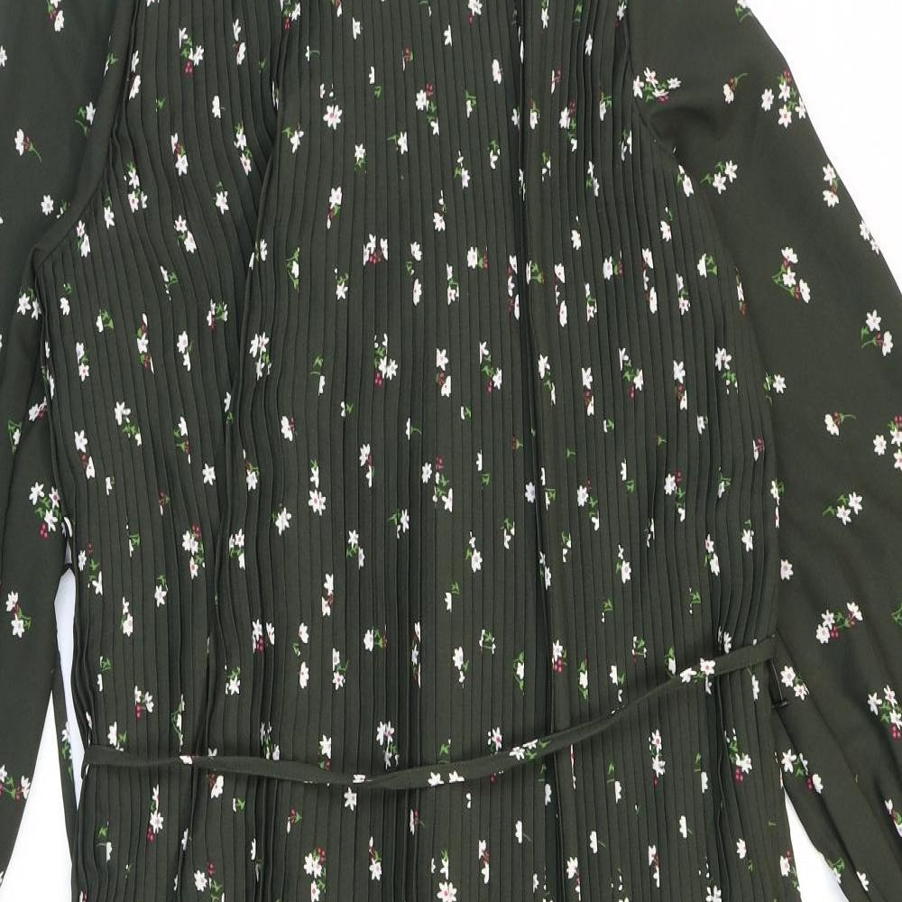 Marks and Spencer Womens Green Floral Polyester A-Line Size 12 Round Neck Tie - Pleated