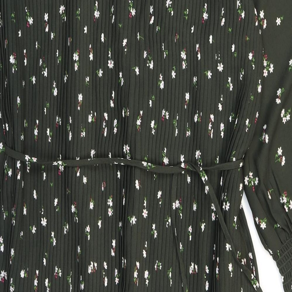 Marks and Spencer Womens Green Floral Polyester A-Line Size 12 Round Neck Tie - Pleated