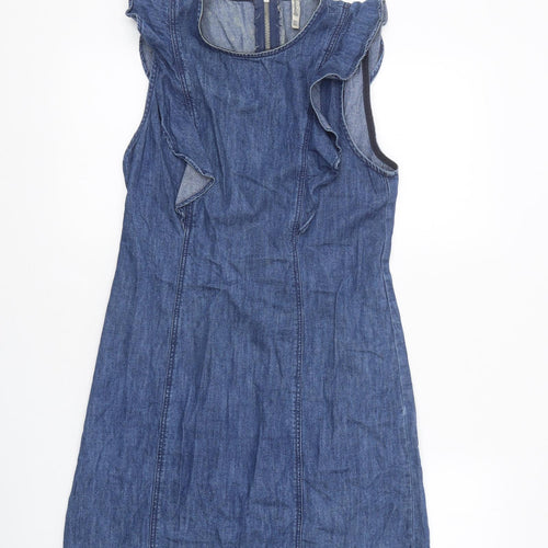 Stradivarius Womens Blue Cotton A-Line Size S Round Neck Zip