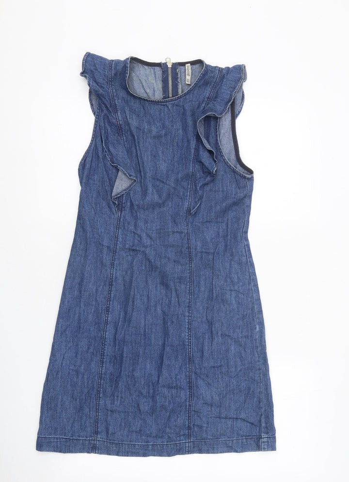 Stradivarius Womens Blue Cotton A-Line Size S Round Neck Zip