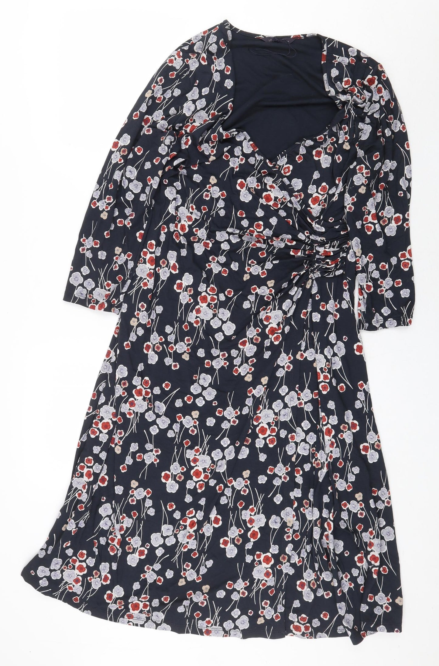 Marks and Spencer Womens Blue Floral Viscose Maxi Size 18 V-Neck Pullover