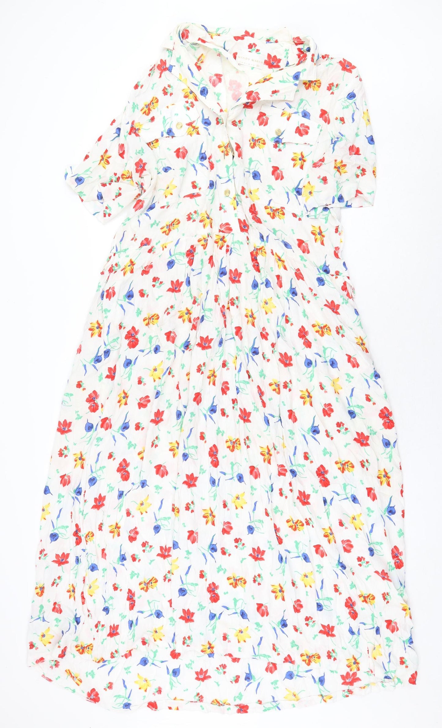 Mandy Marsh Womens White Floral Viscose A-Line Size 16 Collared Button