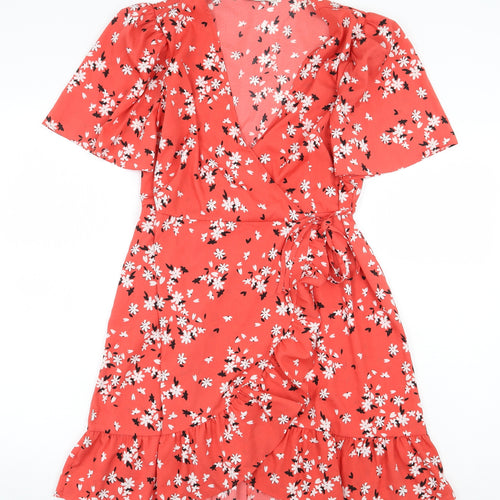 George Womens Red Floral Polyester Wrap Dress Size 12 V-Neck Tie