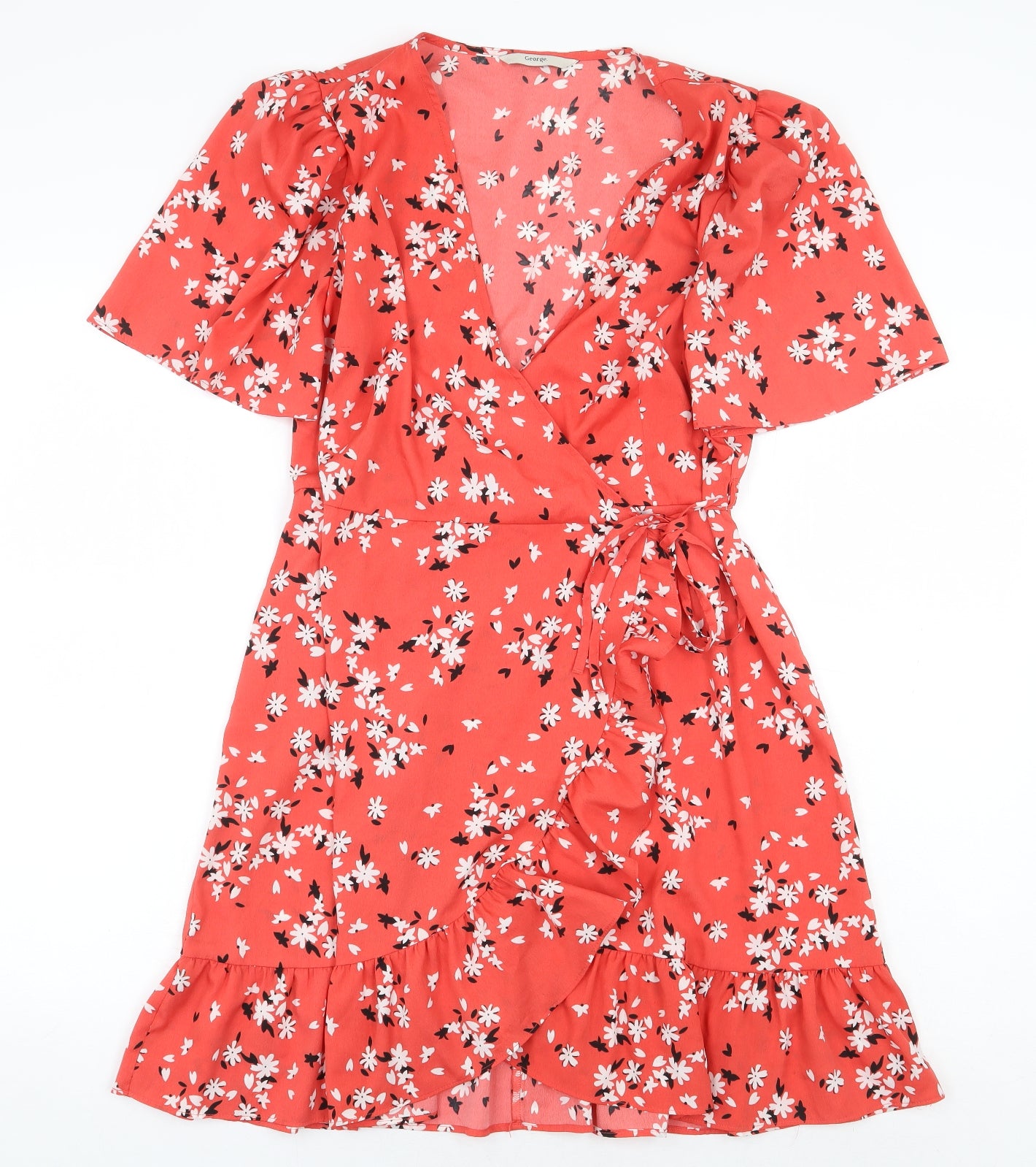 George Womens Red Floral Polyester Wrap Dress Size 12 V-Neck Tie