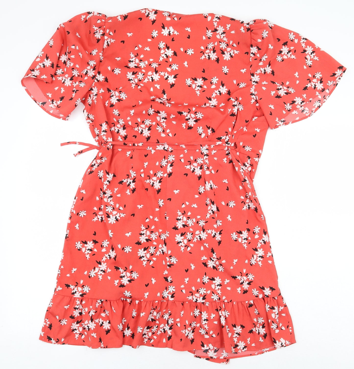George Womens Red Floral Polyester Wrap Dress Size 12 V-Neck Tie