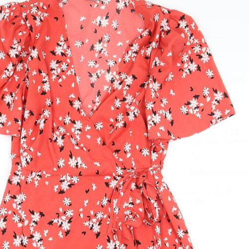 George Womens Red Floral Polyester Wrap Dress Size 12 V-Neck Tie